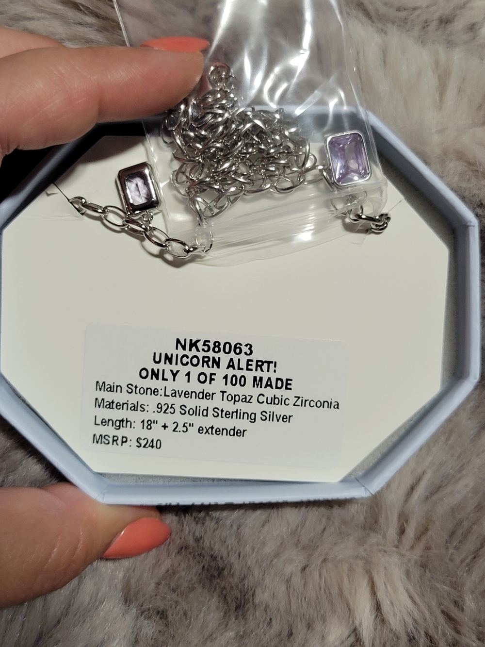 Unicorn Alert! Silver Chain Necklace with Lavender Rectangular Crystal Charms - Picture 2 of 2